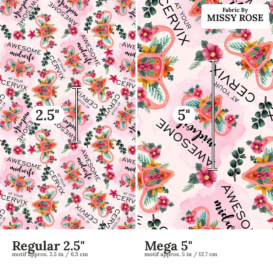 Design 464 Midwife Fabric size comparison - print scale | Fabric by Missy Rose