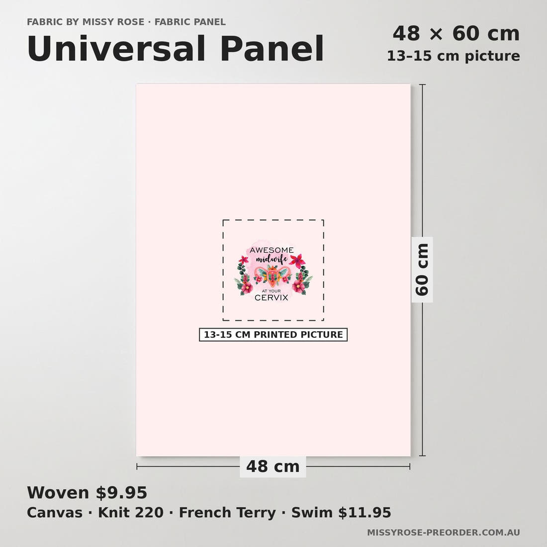 Design 464 Midwife Panel universal panel sizing – 13–15 cm printed picture on 48 × 60 cm fabric | Fabric by Missy Rose