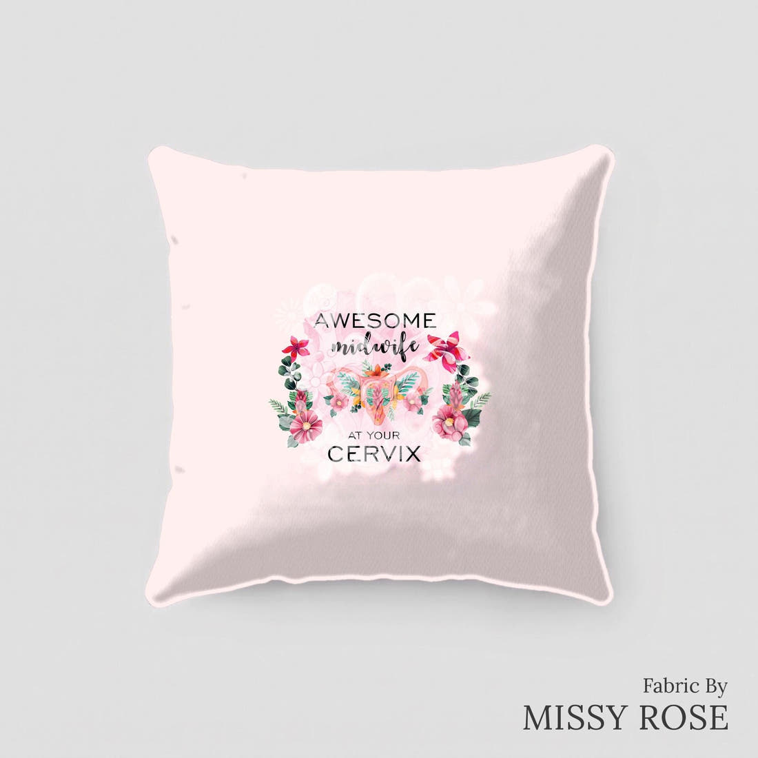 Design 464 Midwife Panel sewn into a cushion – see how the panel looks made up | Fabric by Missy Rose