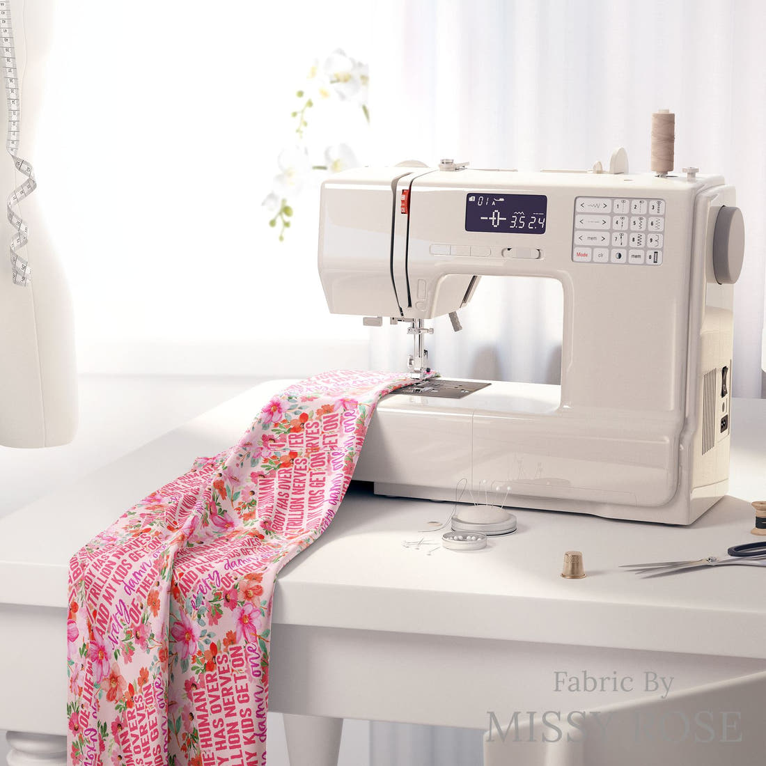 Design 465 Funny Kids Fabric on a sewing machine – premium fabric for sewing projects | Fabric by Missy Rose