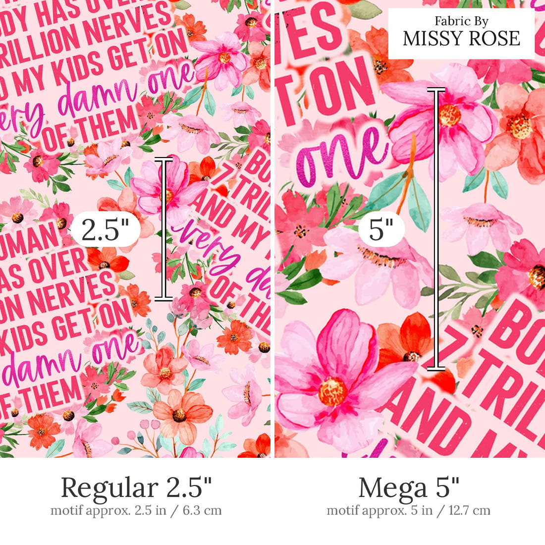 Design 465 Funny Kids Fabric Regular 2.5 inch vs Mega 5 inch print scale side by side | Fabric by Missy Rose