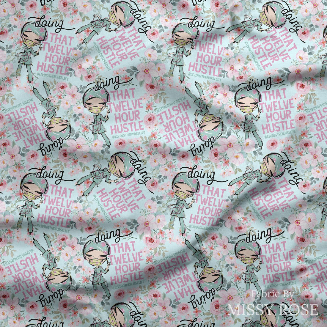 Design 466 Nurse Hustle Fabric draped fabric mockup – custom printed fabric by the metre | Fabric by Missy Rose