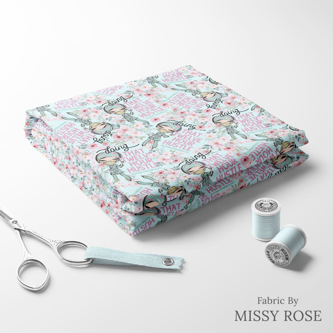 Design 466 Nurse Hustle Fabric folded fabric stack with matching thread – pre-order fabric Australia | Fabric by Missy Rose