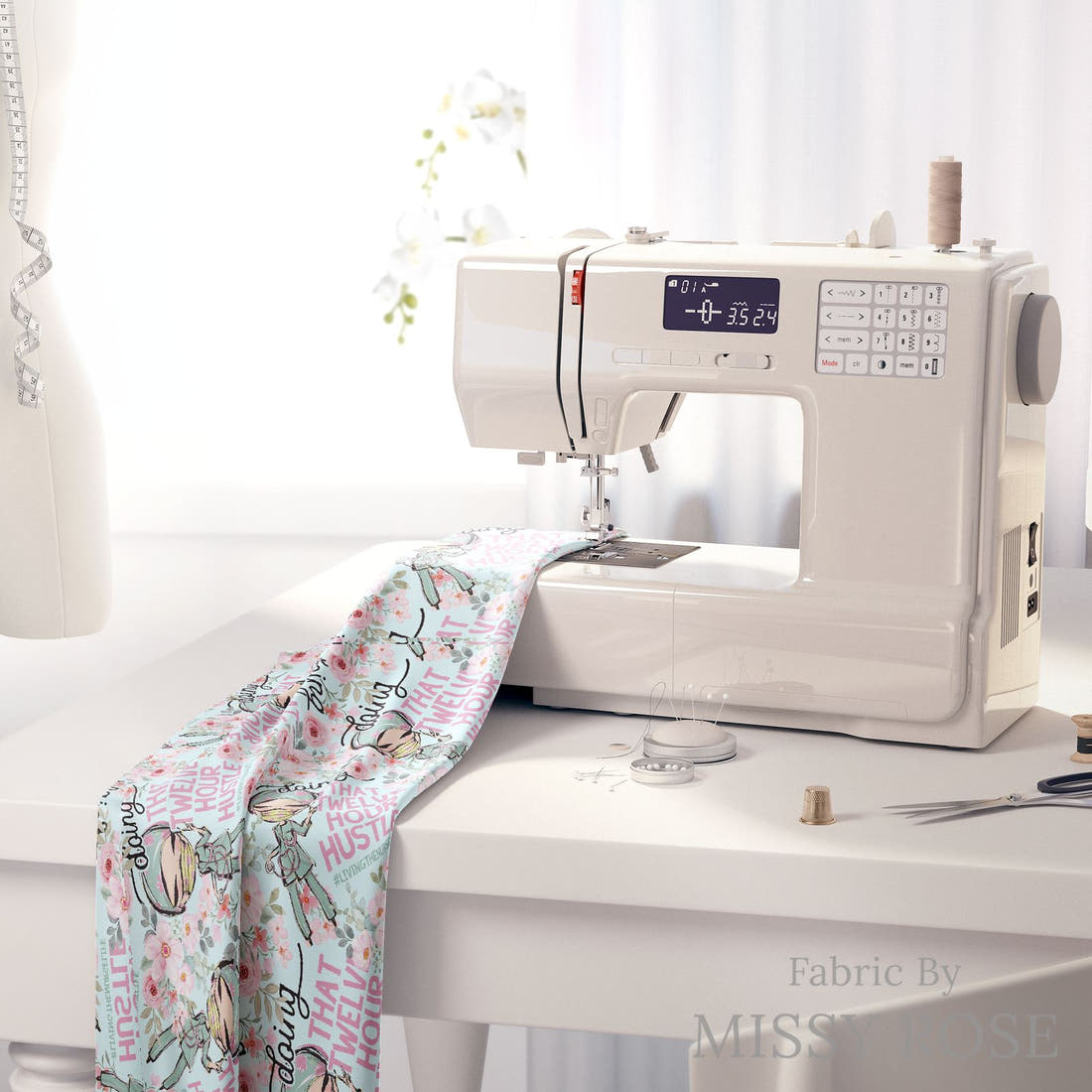 Design 466 Nurse Hustle Fabric on a sewing machine – premium fabric for sewing projects | Fabric by Missy Rose