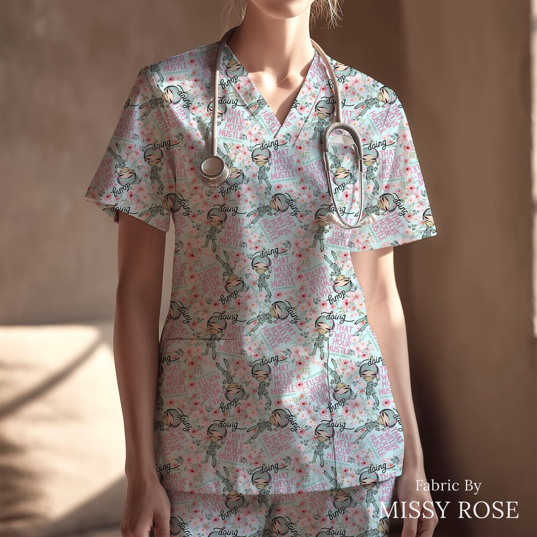 Design 466 Nurse Hustle Fabric sewn into a scrubs top – see how the print looks made up | Fabric by Missy Rose