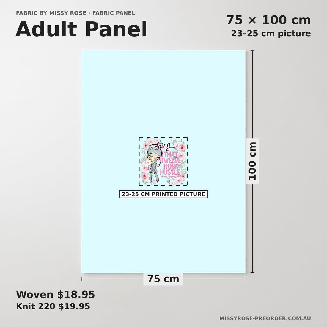 Design 466 Nurse Hustle Panel adult panel sizing – 23–25 cm printed picture on 75 × 100 cm fabric | Fabric by Missy Rose