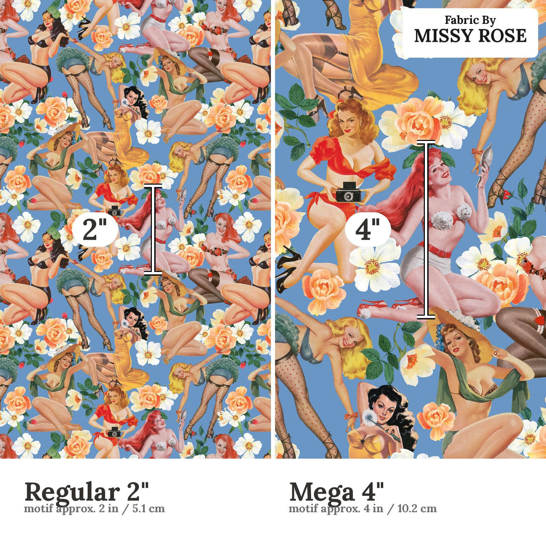 Design 467 Vintage Pinup Fabric size comparison - print scale | Fabric by Missy Rose