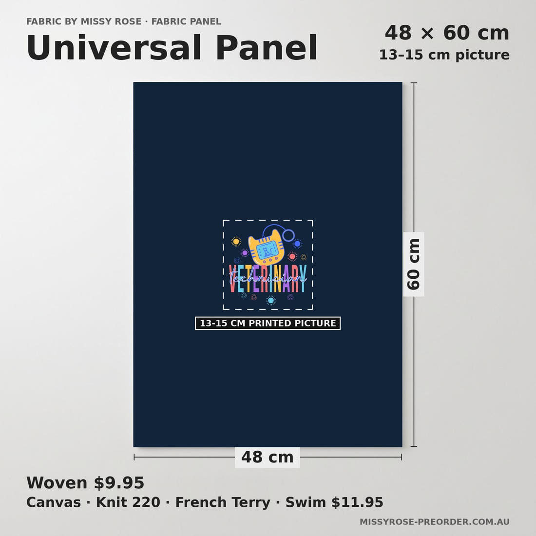 Design 468 Vet Panel universal panel sizing – 13–15 cm printed picture on 48 × 60 cm fabric | Fabric by Missy Rose