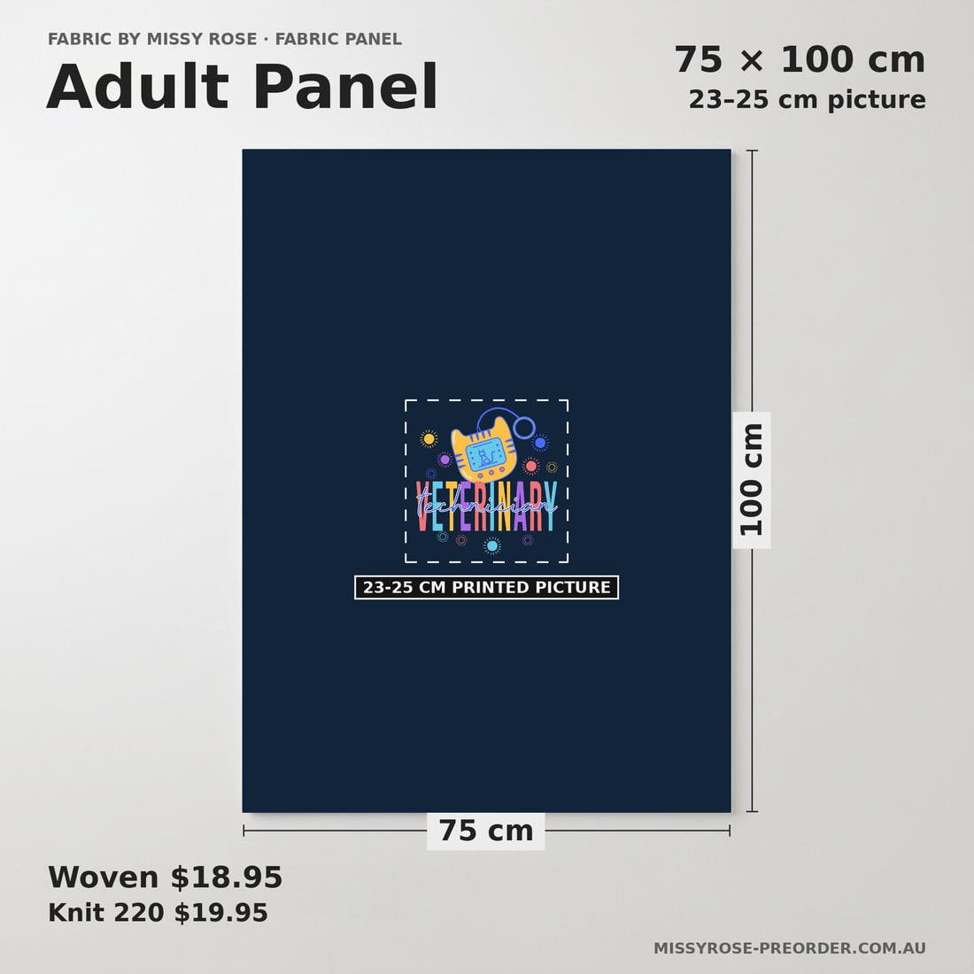 Design 468 Vet Panel adult panel sizing – 23–25 cm printed picture on 75 × 100 cm fabric | Fabric by Missy Rose