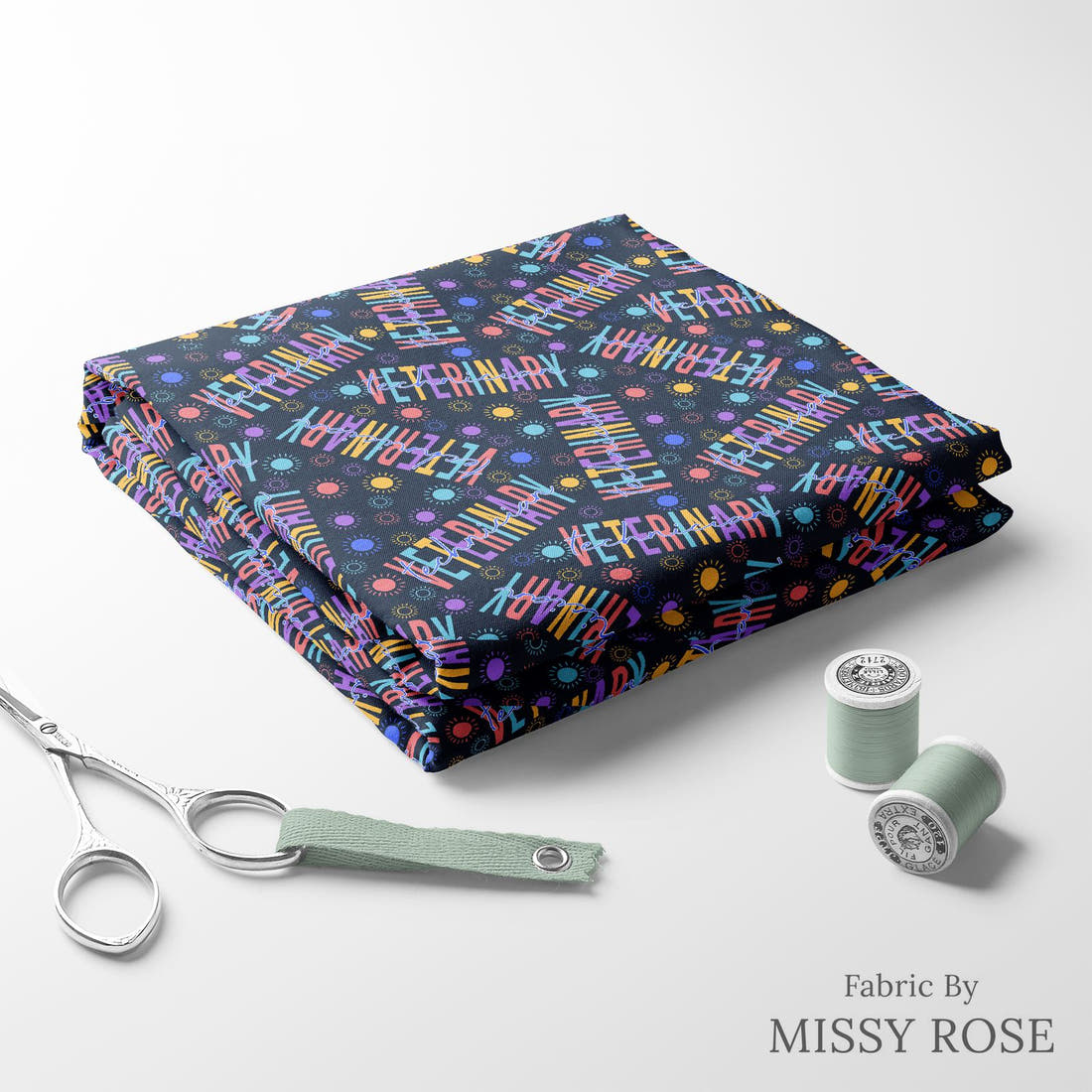 Design 468 Vet Fabric folded fabric stack with matching thread – pre-order fabric Australia | Fabric by Missy Rose