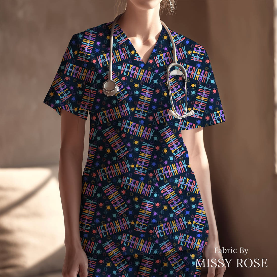 Design 468 Vet Fabric sewn into a scrubs top – see how the print looks made up | Fabric by Missy Rose