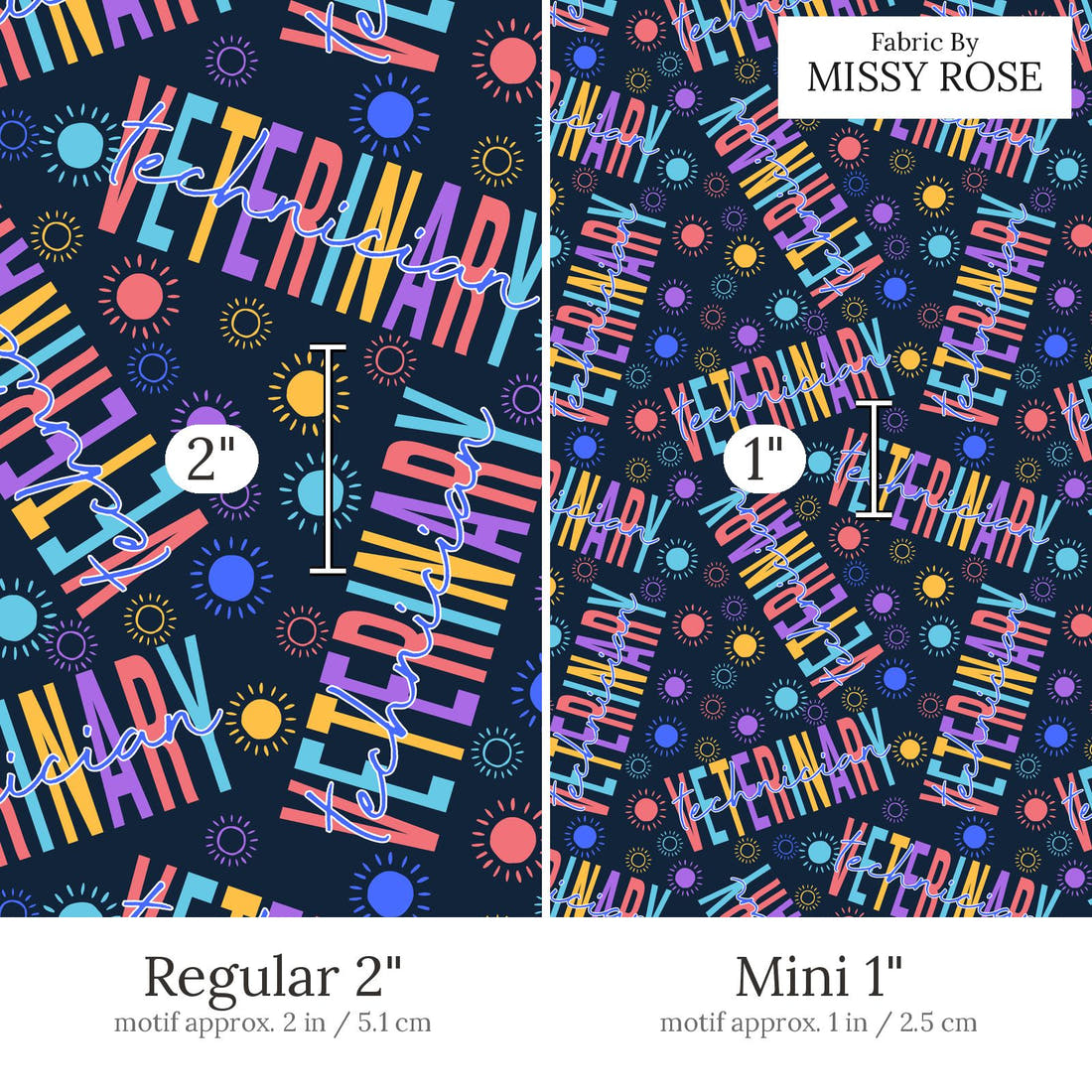 Design 468 Vet Fabric Regular 2 inch vs Mini 1 inch print scale side by side | Fabric by Missy Rose