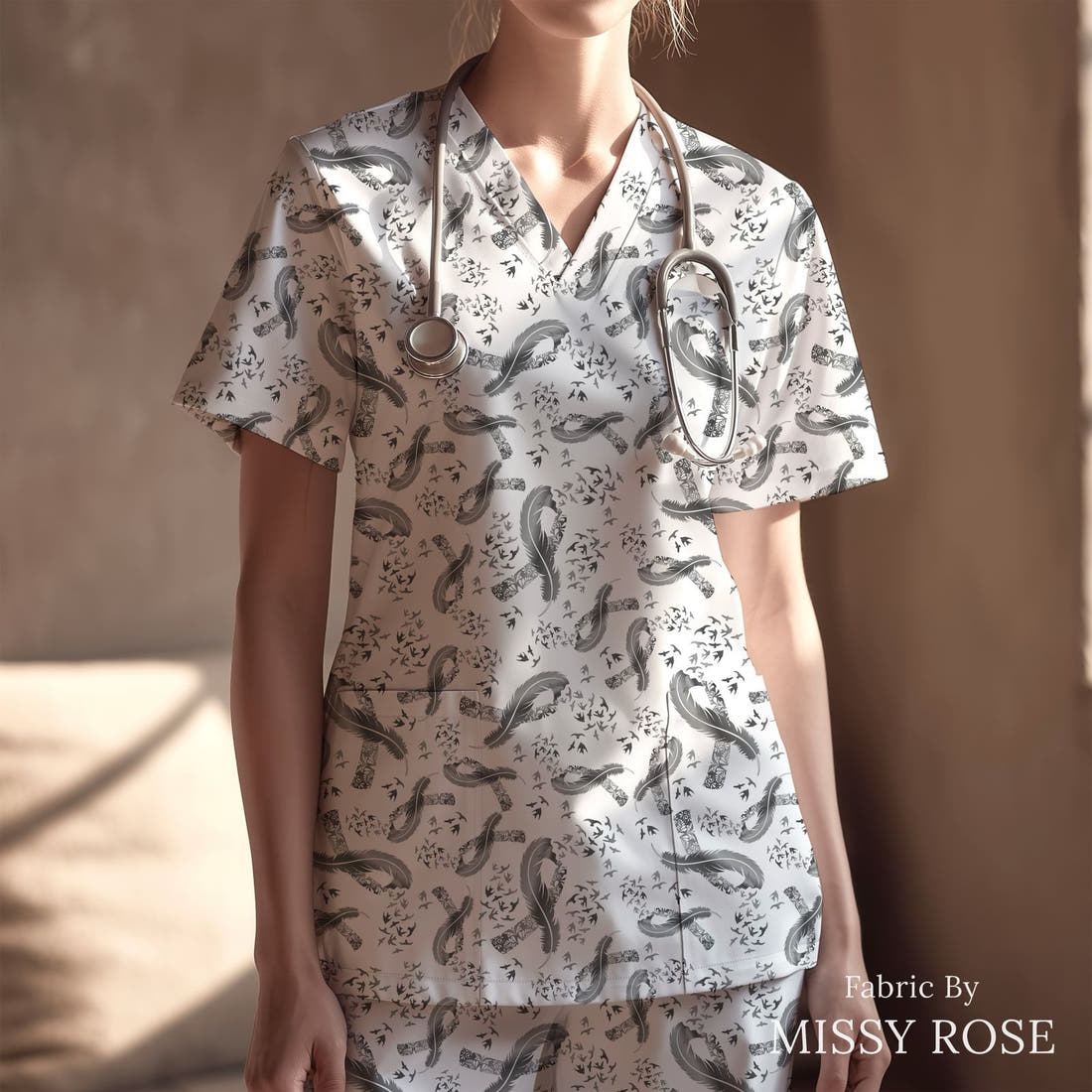 Design 47 Brain Cancer Fabric sewn into a scrubs top – see how the print looks made up | Fabric by Missy Rose