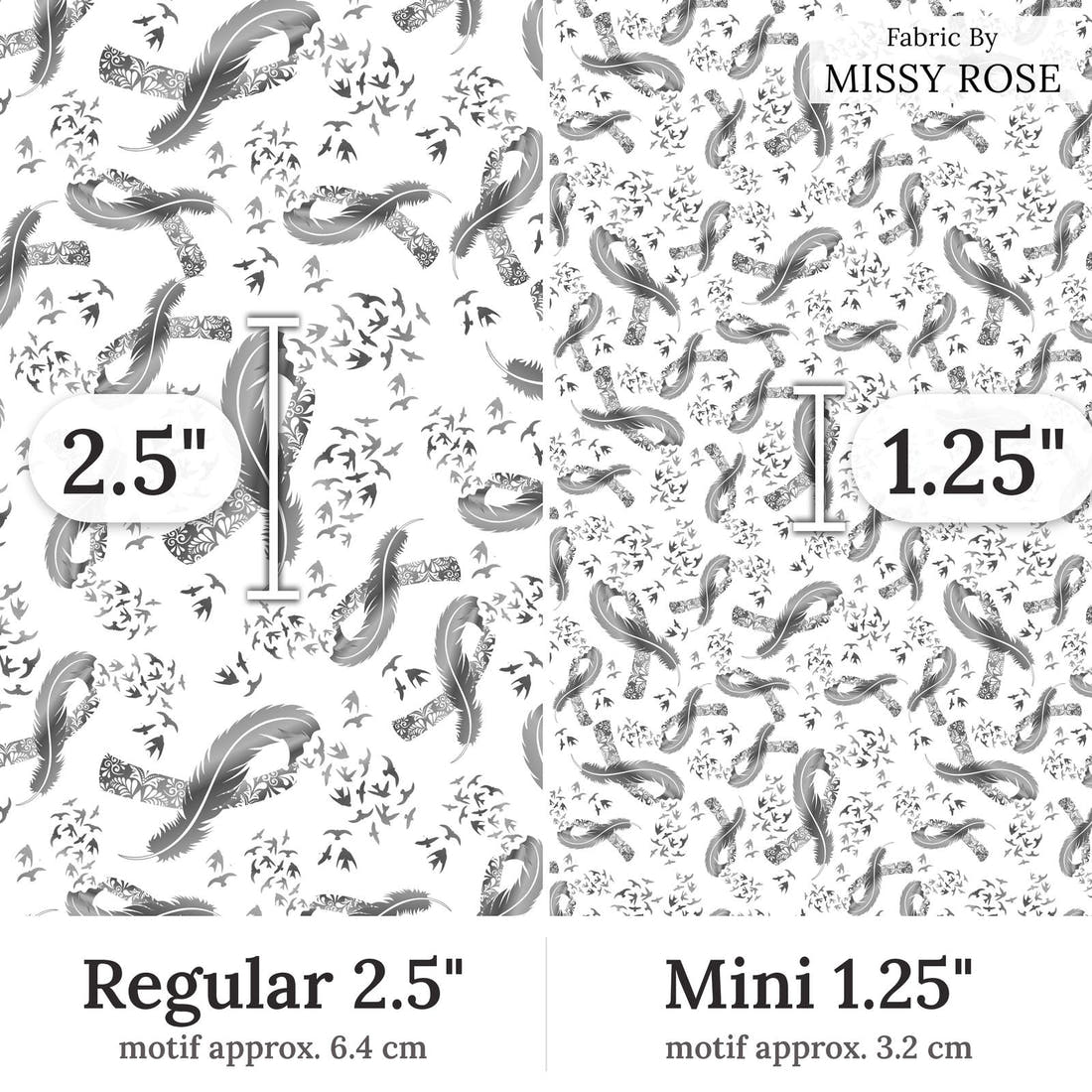 Design 47 Brain Cancer Fabric Regular 2.5 inch vs Mini 1.25 inch print scale side by side | Fabric by Missy Rose