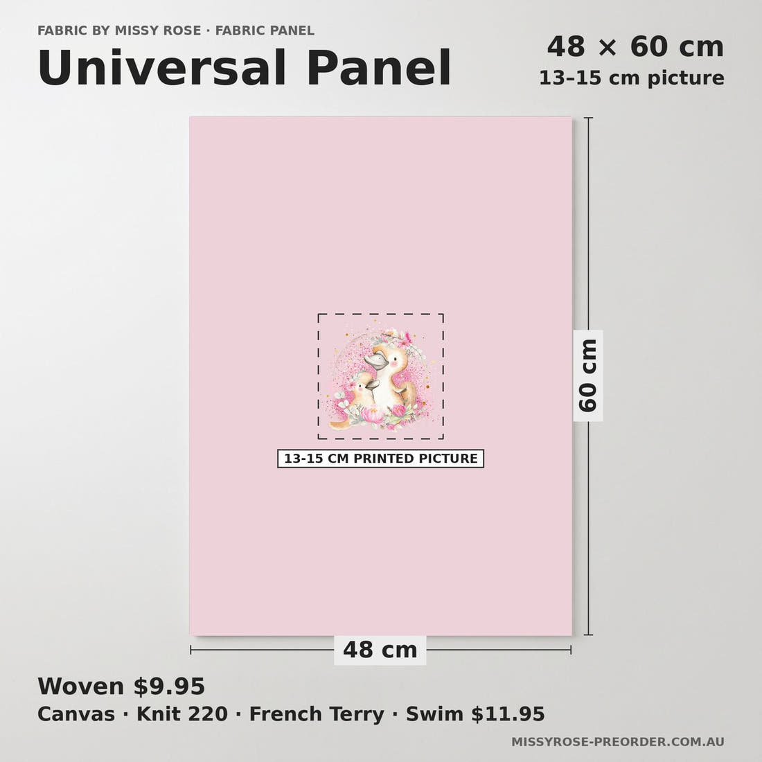 Design 470 Platypus Panel universal panel sizing – 13–15 cm printed picture on 48 × 60 cm fabric | Fabric by Missy Rose