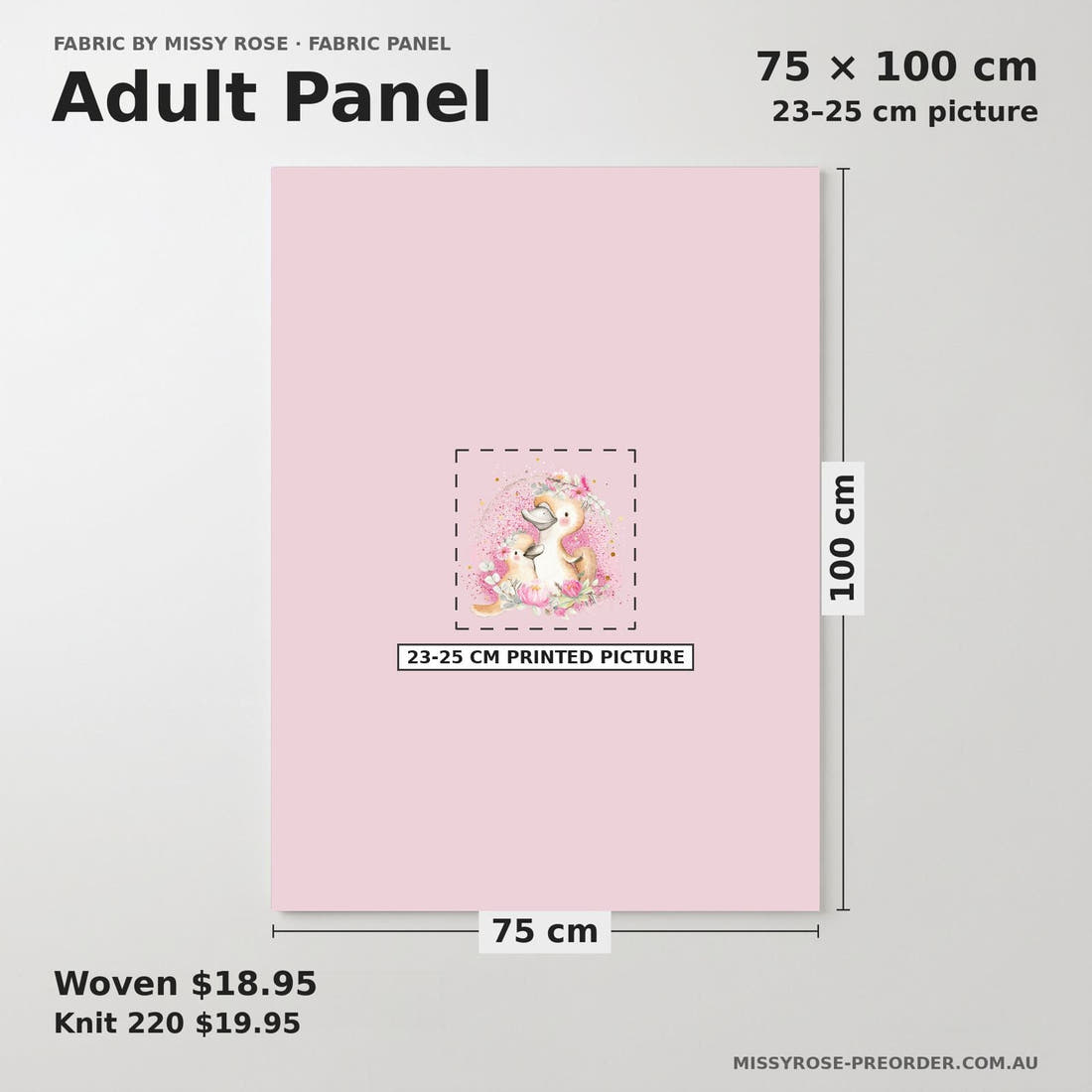 Design 470 Platypus Panel adult panel sizing – 23–25 cm printed picture on 75 × 100 cm fabric | Fabric by Missy Rose