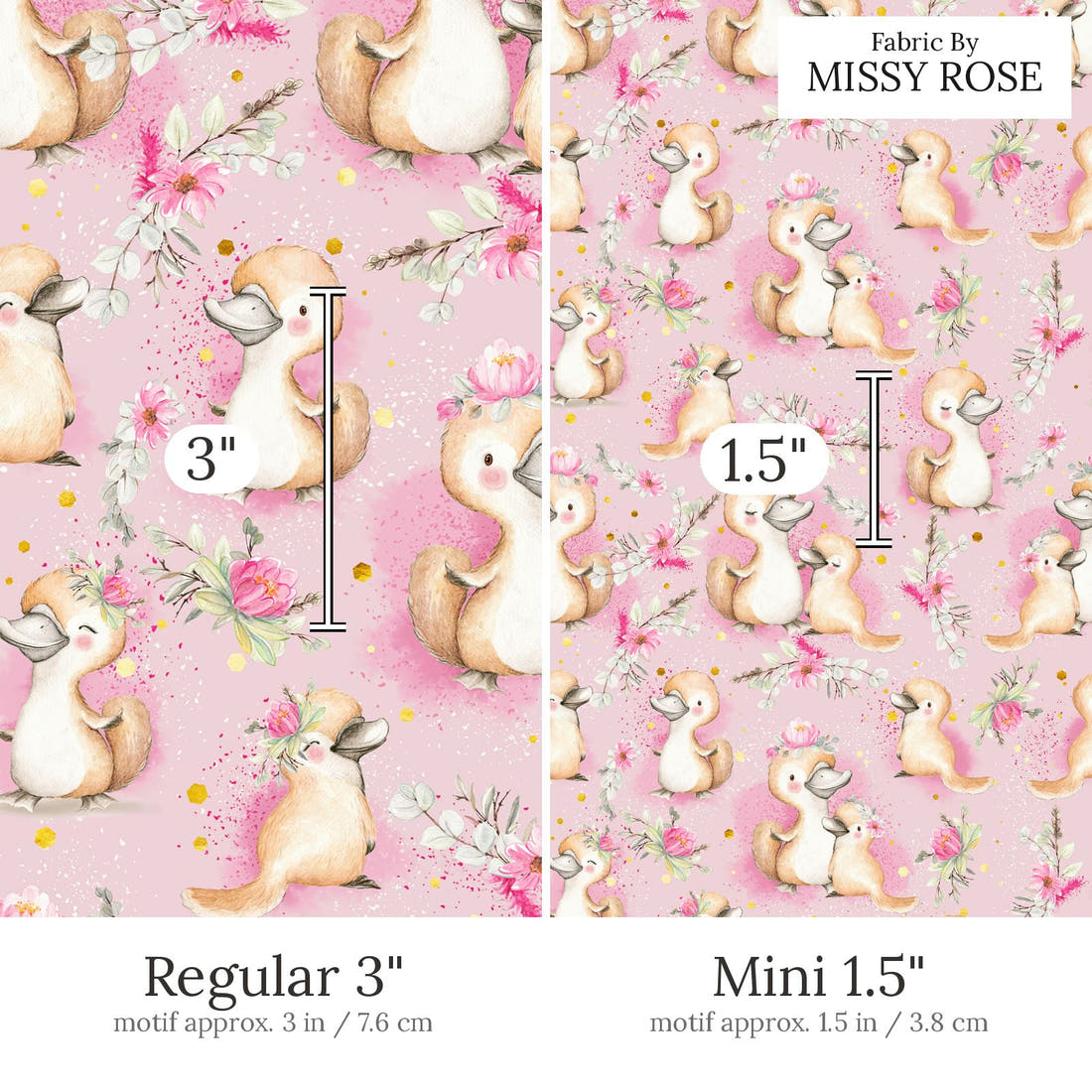 Design 470 Platypus Fabric Regular 3 inch vs Mini 1.5 inch print scale side by side | Fabric by Missy Rose