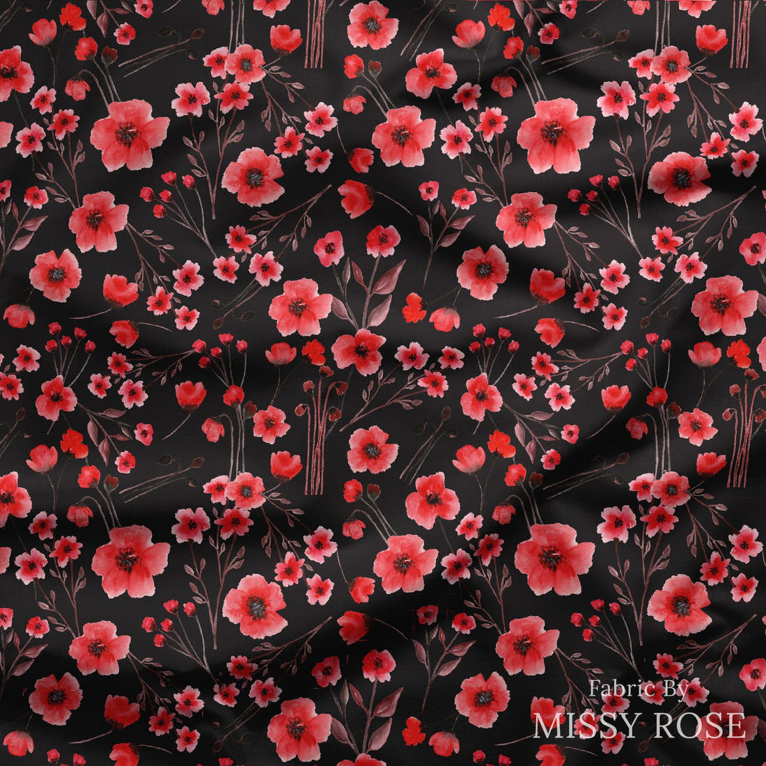 Design 471 Poppy Fabric draped fabric mockup – custom printed fabric by the metre | Fabric by Missy Rose