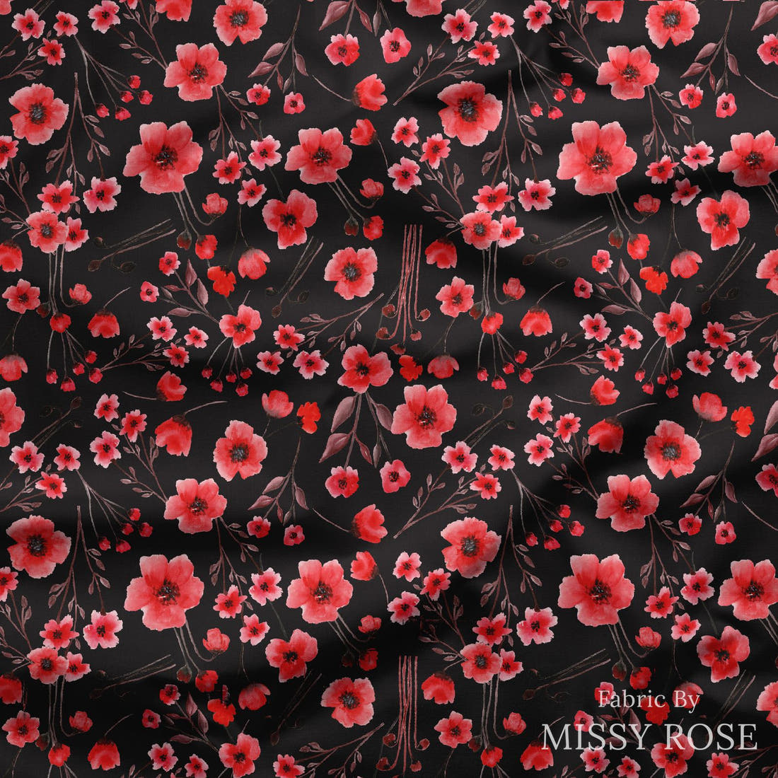 Design 471 Poppy Fabric draped fabric mockup – custom printed fabric by the metre | Fabric by Missy Rose