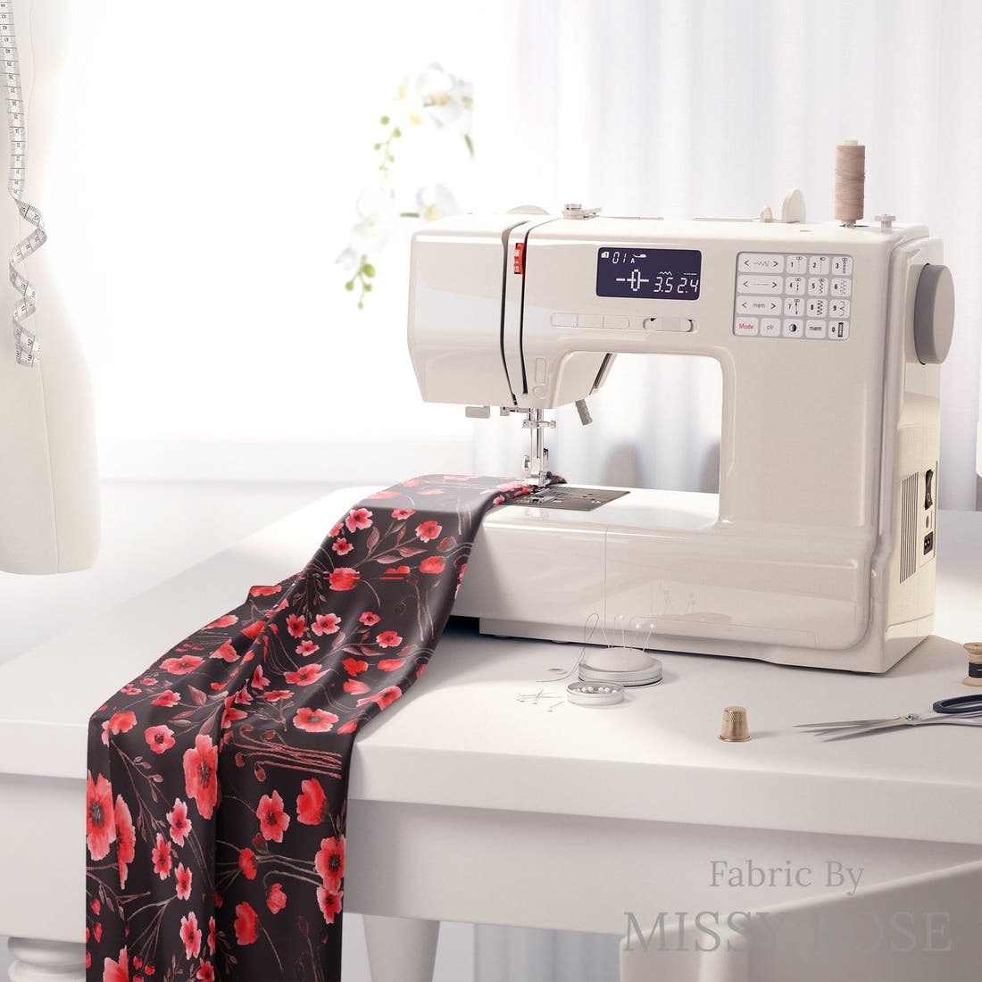 Design 471 Poppy Fabric on a sewing machine – premium fabric for sewing projects | Fabric by Missy Rose
