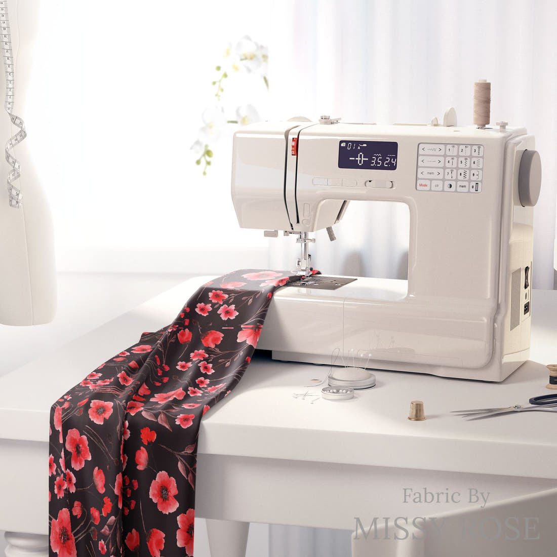 Design 471 Poppy Fabric on a sewing machine – premium fabric for sewing projects | Fabric by Missy Rose