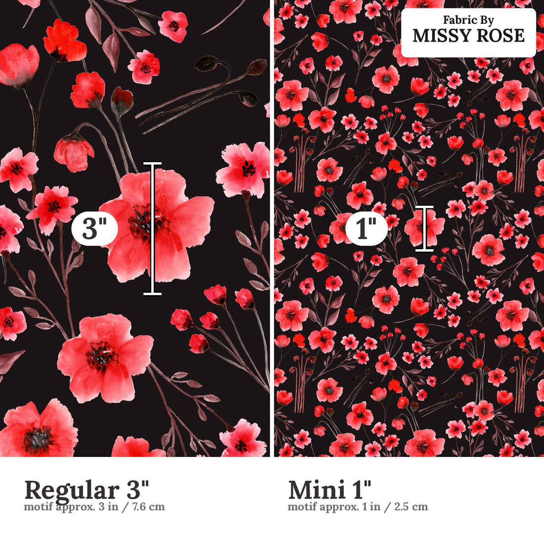 Design 471 Poppy Fabric size comparison - print scale | Fabric by Missy Rose