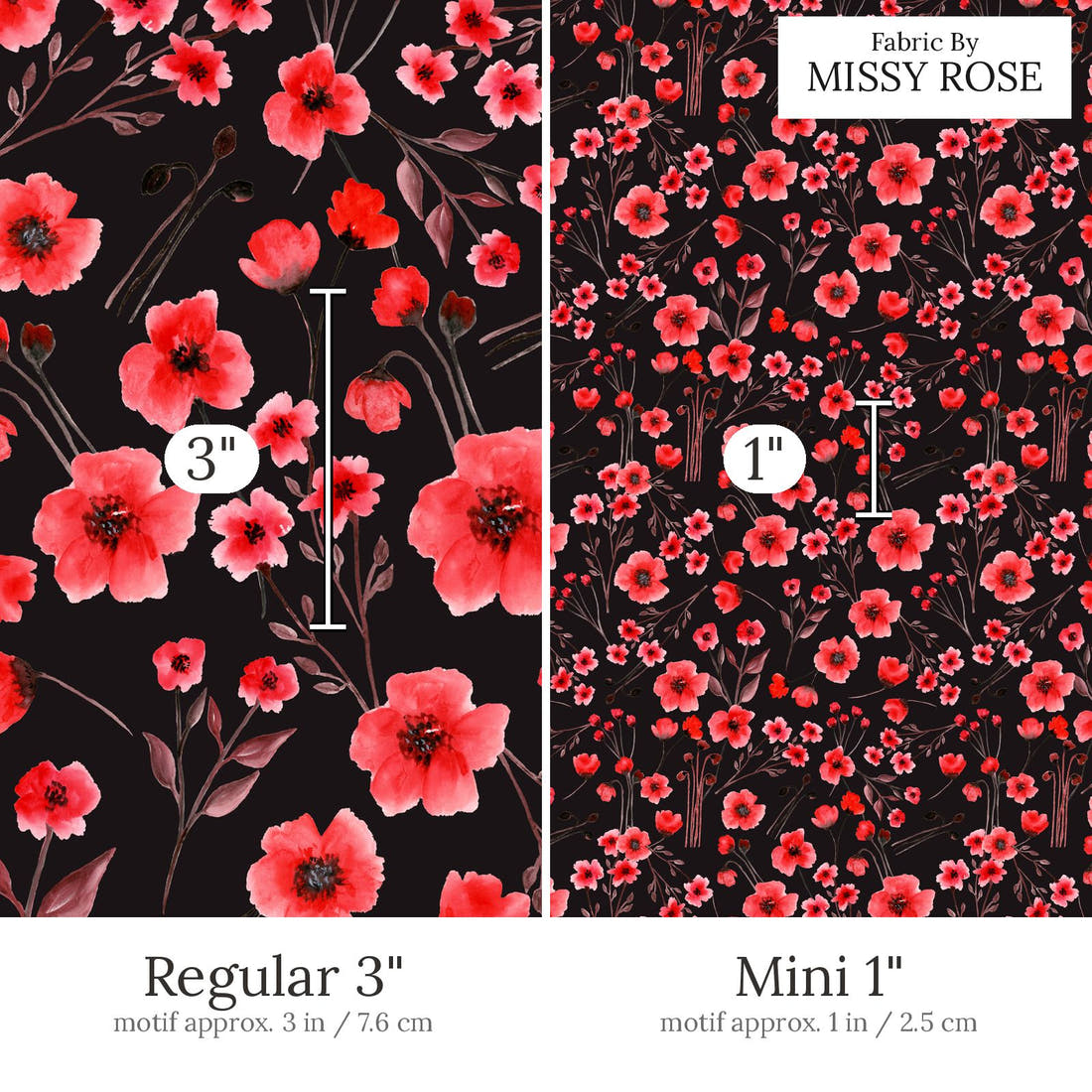 Design 471 Poppy Fabric Regular 3 inch vs Mini 1 inch print scale side by side | Fabric by Missy Rose