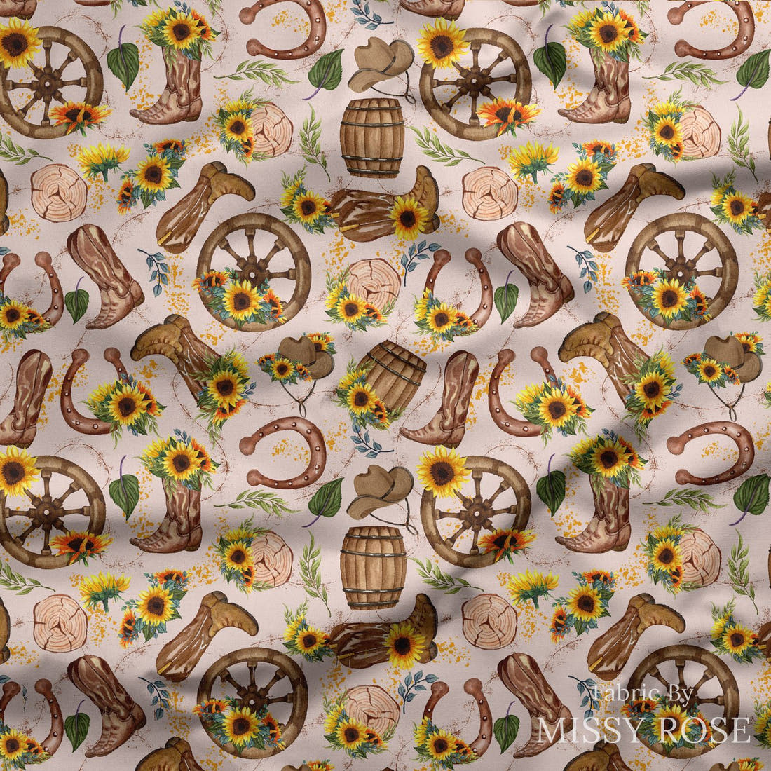 Design 472 Western Sunflower Fabric draped fabric mockup – custom printed fabric by the metre | Fabric by Missy Rose