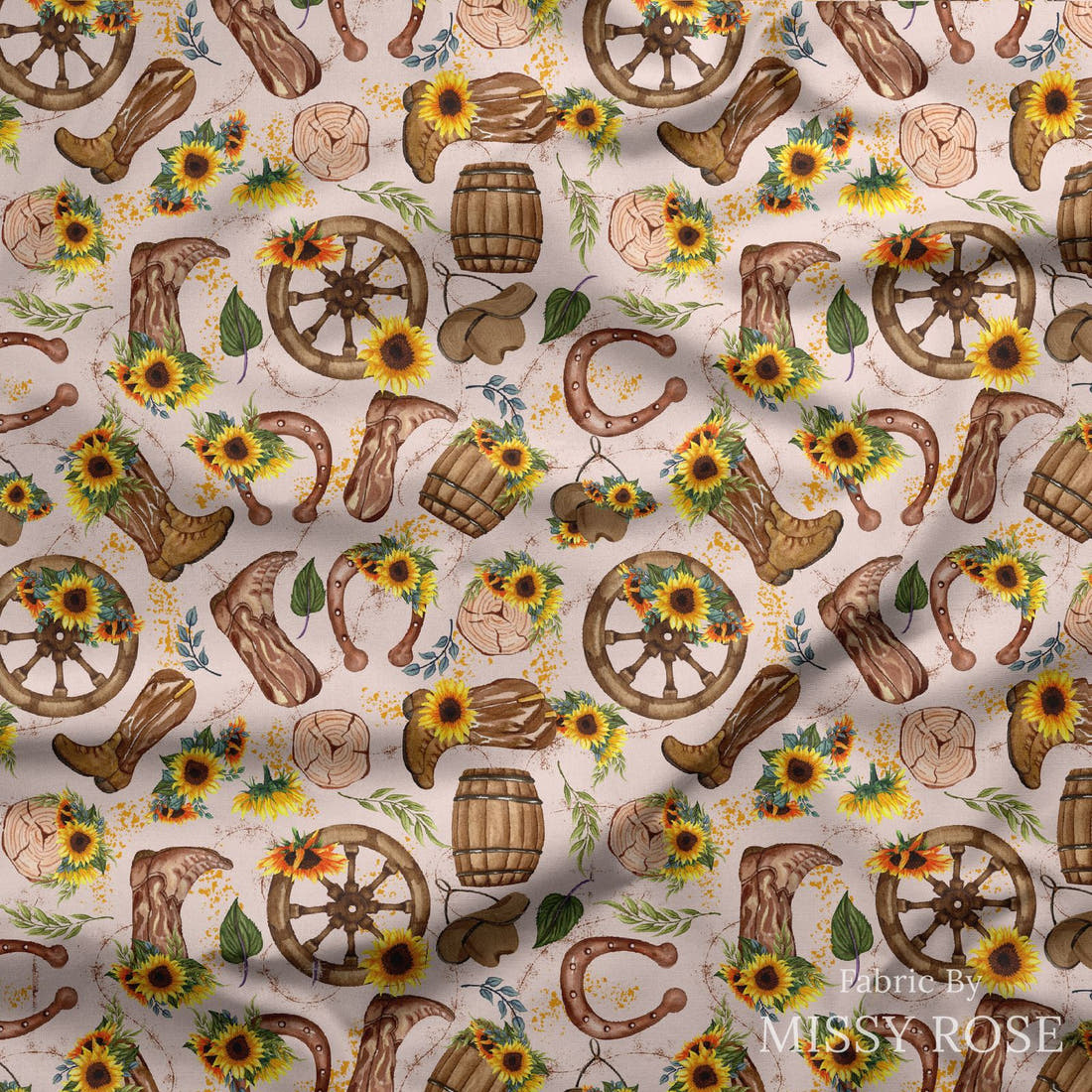Design 472 Western Sunflower Fabric draped fabric mockup – custom printed fabric by the metre | Fabric by Missy Rose