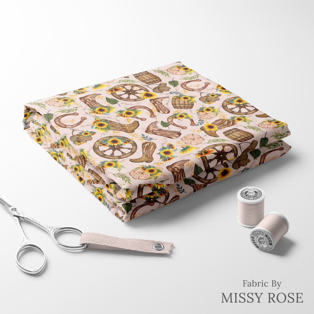 Design 472 Western Sunflower Fabric folded fabric stack with matching thread – pre-order fabric Australia | Fabric by Missy Rose