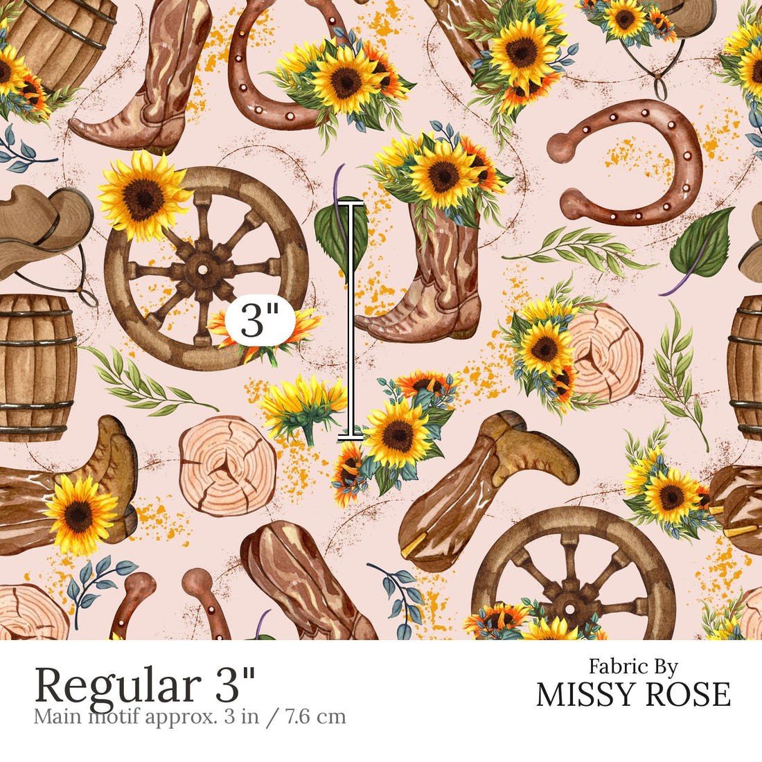 Design 472 Western Sunflower Fabric Regular 3 inch print scale guide | Fabric by Missy Rose