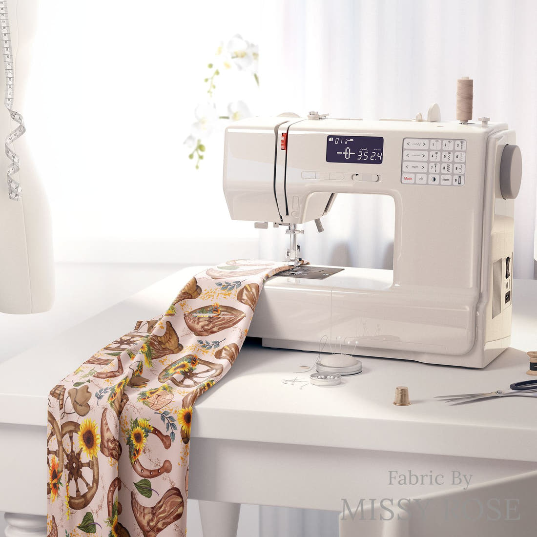Design 472 Western Sunflower Fabric on a sewing machine – premium fabric for sewing projects | Fabric by Missy Rose