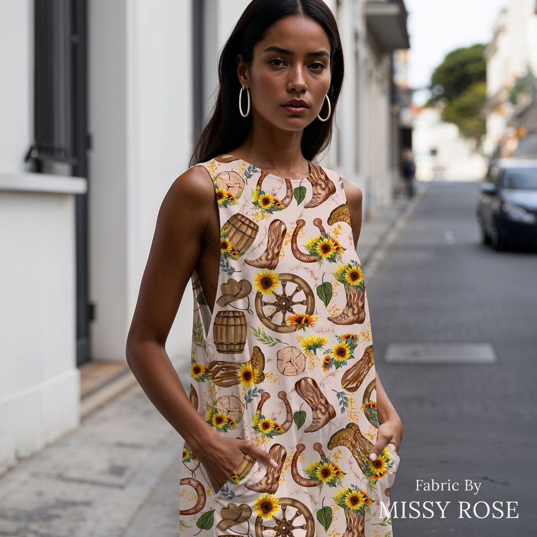 Design 472 Western Sunflower Fabric sewn into a women's jumpsuit – see how the print looks made up | Fabric by Missy Rose