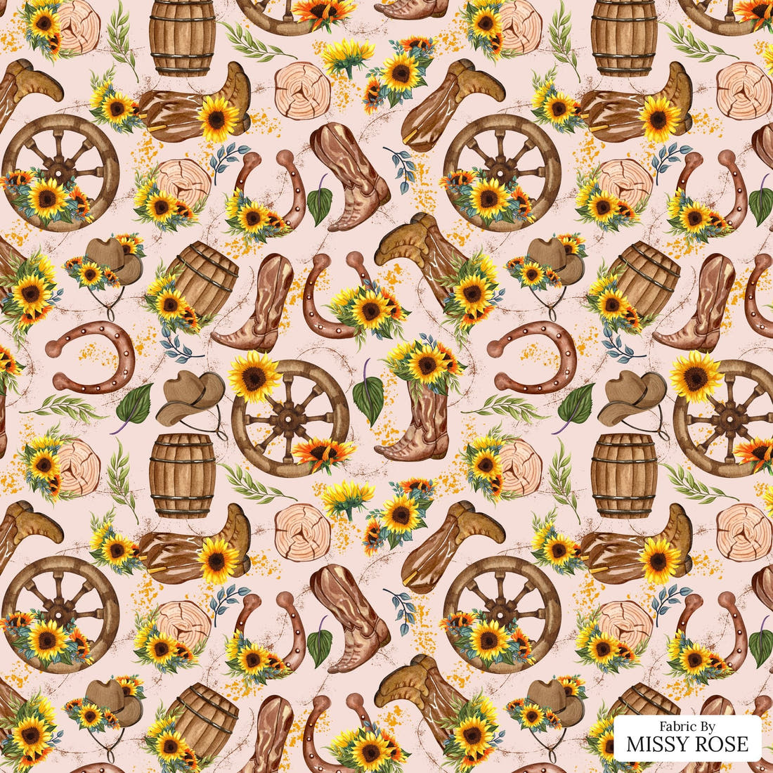 Design 472 Western Sunflower Fabric - flat view of the print, zoom in for detail | Fabric by Missy Rose