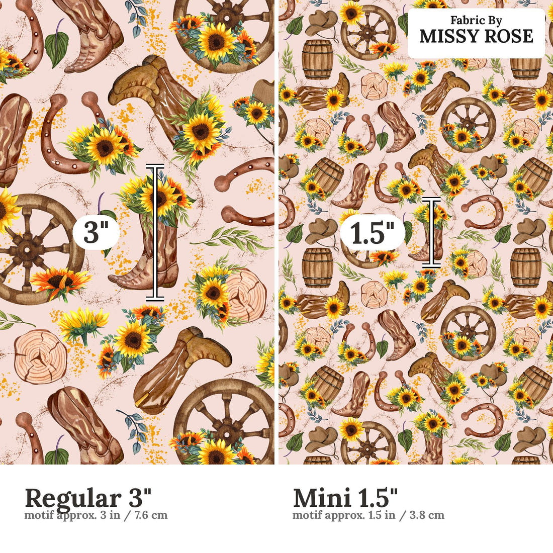 Design 472 Western Sunflower Fabric size comparison - print scale | Fabric by Missy Rose