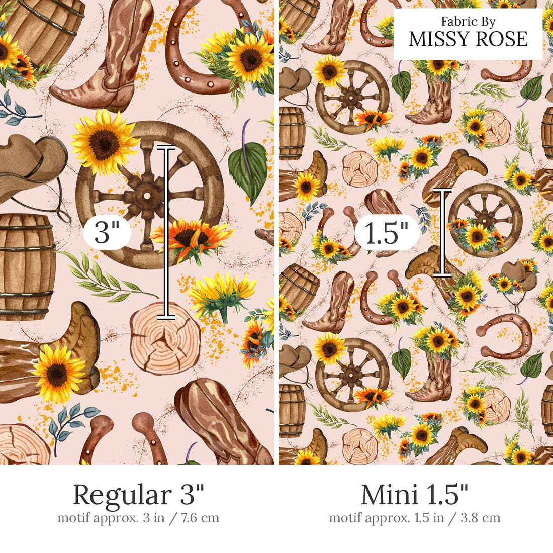 Design 472 Western Sunflower Fabric Regular 3 inch vs Mini 1.5 inch print scale side by side | Fabric by Missy Rose