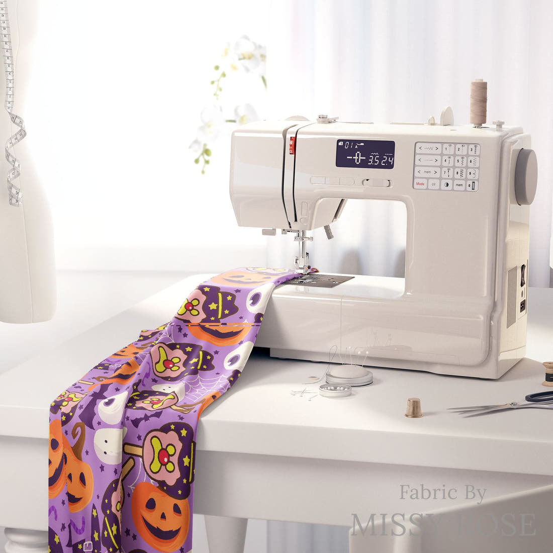 Design 473 Halloween Ice Cream Fabric on a sewing machine – premium fabric for sewing projects | Fabric by Missy Rose