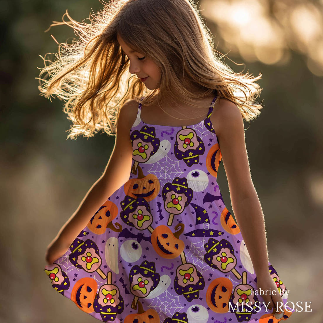 Design 473 Halloween Ice Cream Fabric sewn into a girls' dress – see how the print looks made up | Fabric by Missy Rose