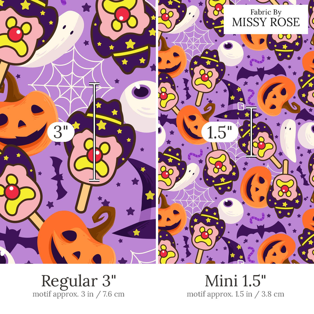 Design 473 Halloween Ice Cream Fabric Regular 3 inch vs Mini 1.5 inch print scale side by side | Fabric by Missy Rose