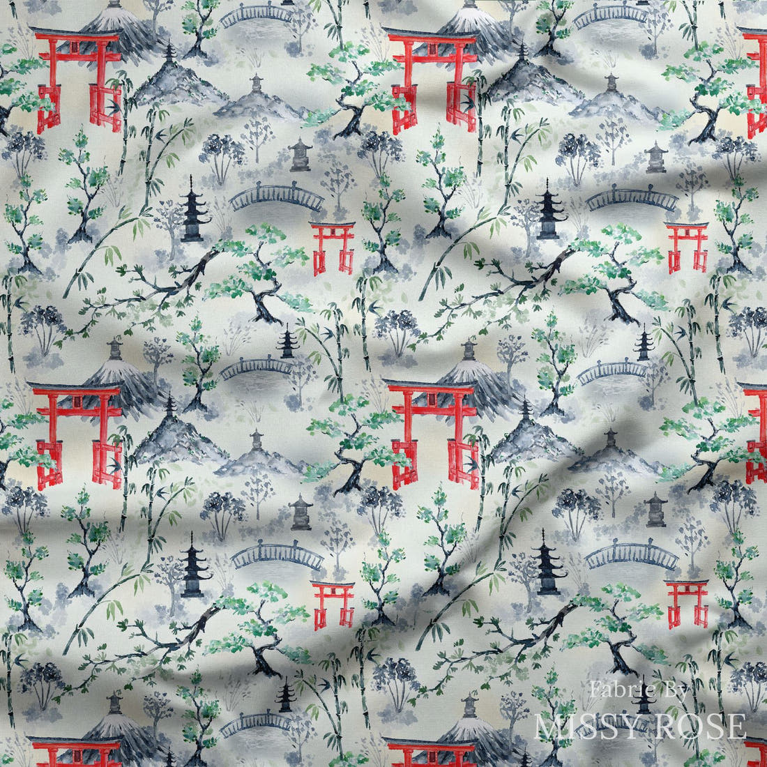 Design 474 Japanese Scenic Fabric draped fabric mockup – custom printed fabric by the metre | Fabric by Missy Rose