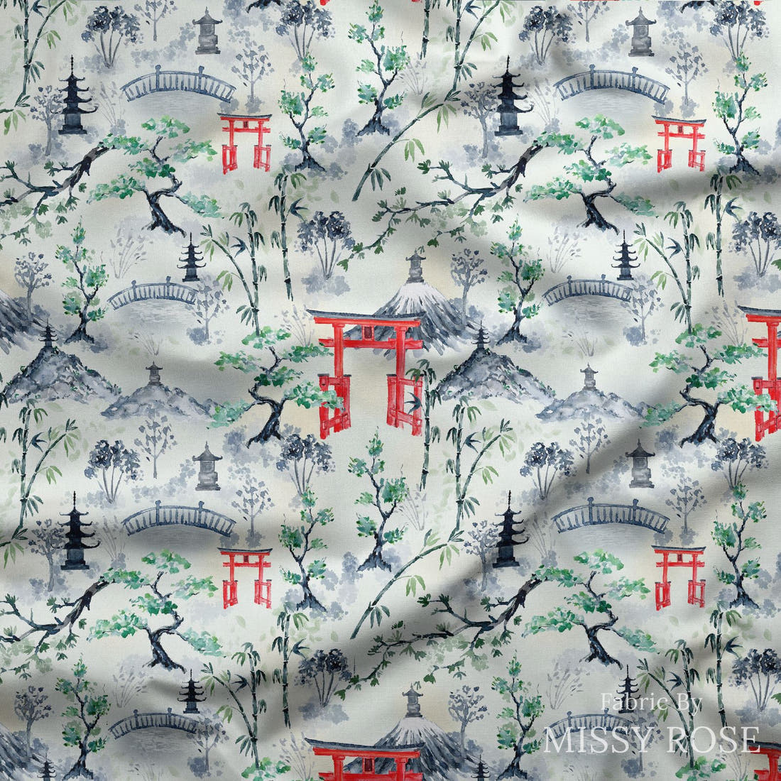 Design 474 Japanese Scenic Fabric draped fabric mockup – custom printed fabric by the metre | Fabric by Missy Rose