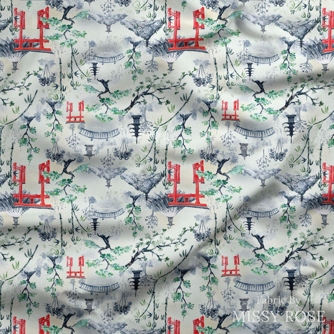 Design 474 Japanese Scenic Fabric draped fabric mockup – custom printed fabric by the metre | Fabric by Missy Rose