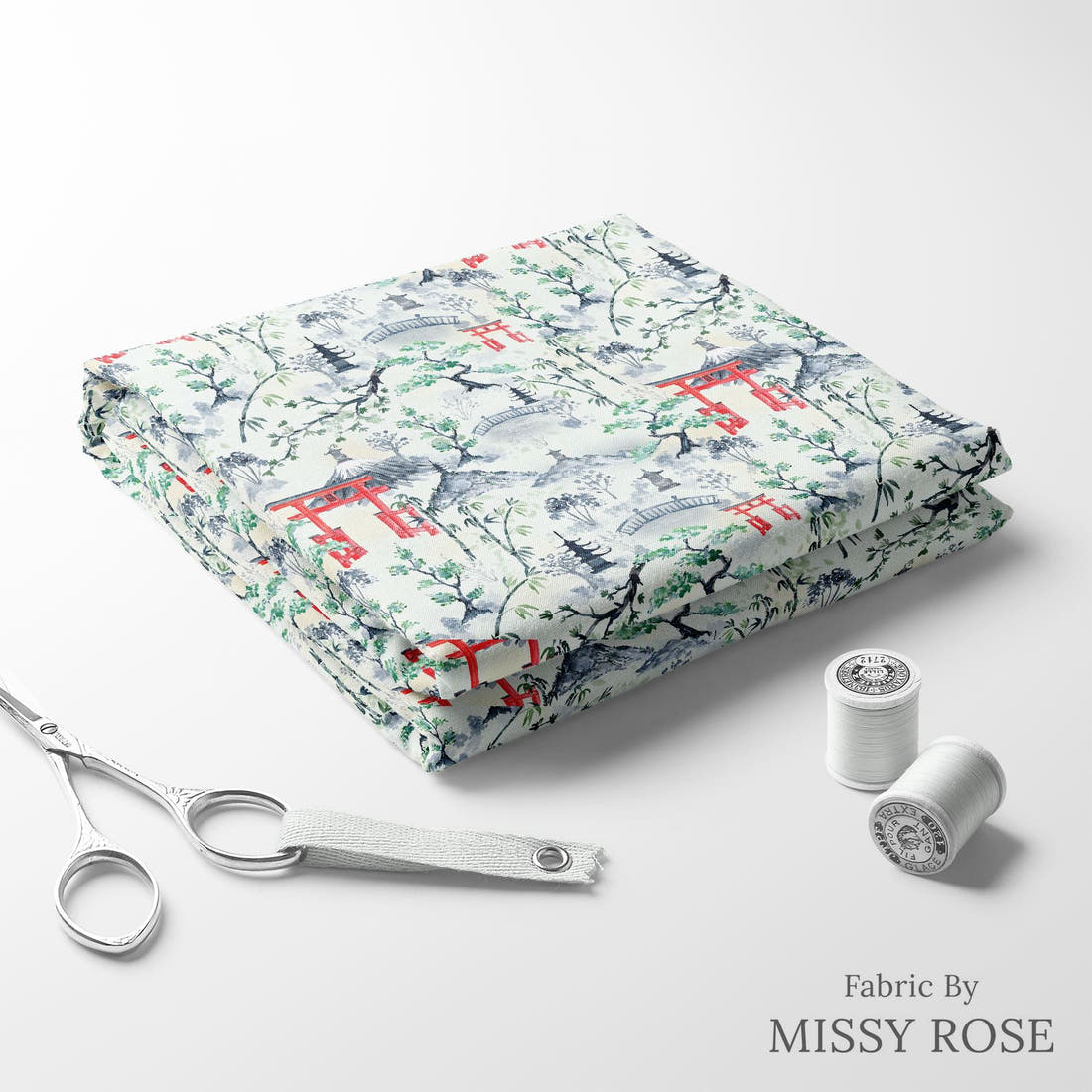 Design 474 Japanese Scenic Fabric folded fabric stack with matching thread – pre-order fabric Australia | Fabric by Missy Rose