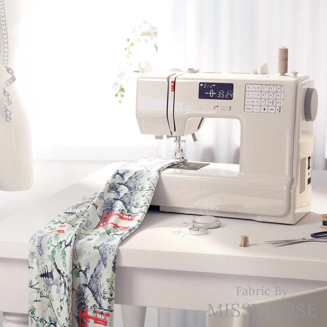 Design 474 Japanese Scenic Fabric on a sewing machine – premium fabric for sewing projects | Fabric by Missy Rose