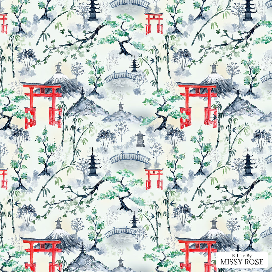 Design 474 Japanese Scenic Fabric - flat view of the print, zoom in for detail | Fabric by Missy Rose