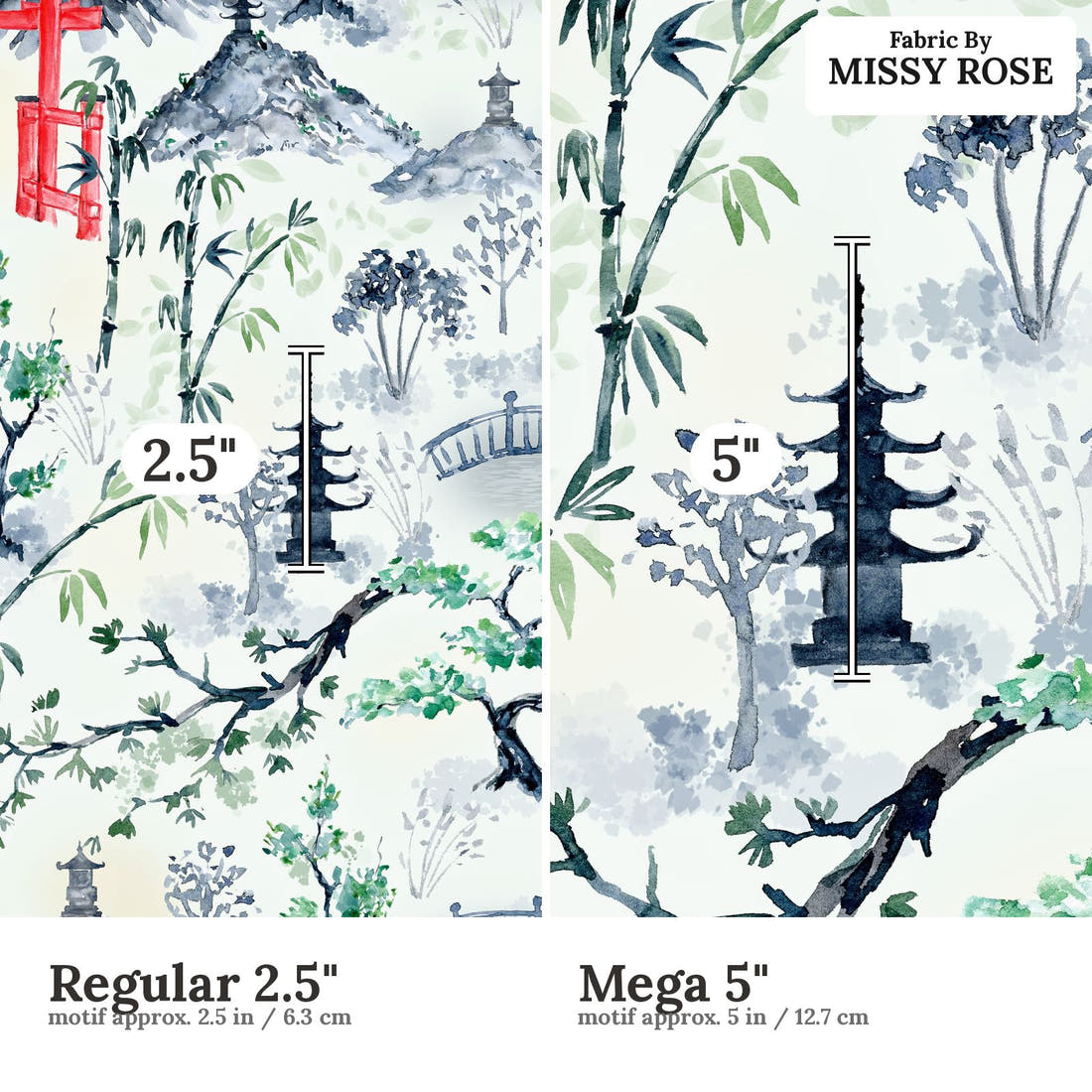 Design 474 Japanese Scenic Fabric size comparison - print scale | Fabric by Missy Rose