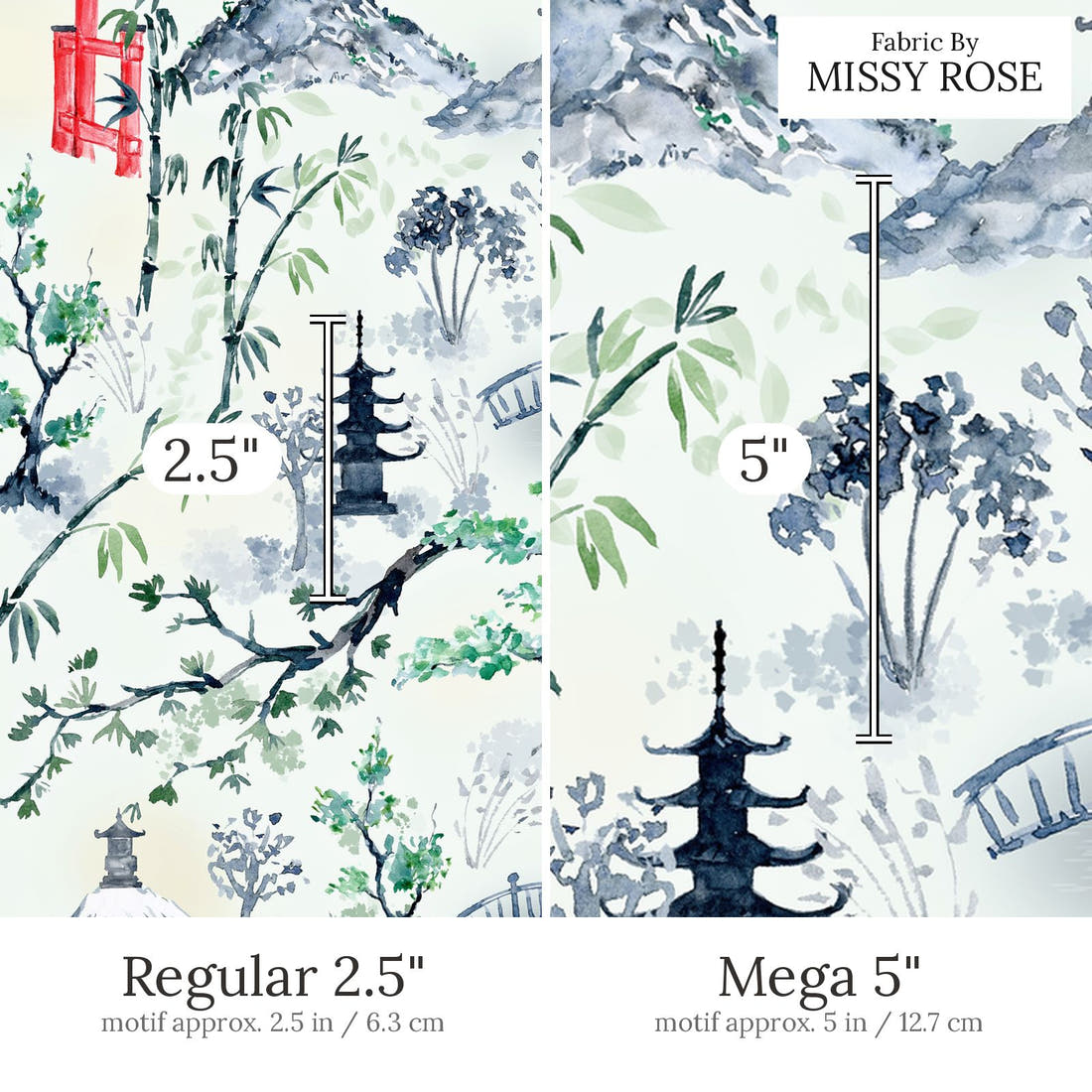 Design 474 Japanese Scenic Fabric Regular 2.5 inch vs Mega 5 inch print scale side by side | Fabric by Missy Rose