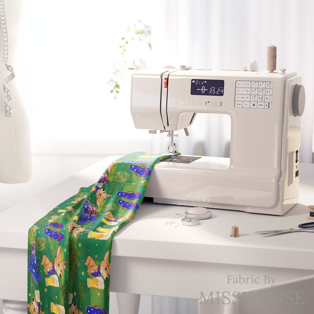 Design 475 Dingo Fabric on a sewing machine – premium fabric for sewing projects | Fabric by Missy Rose