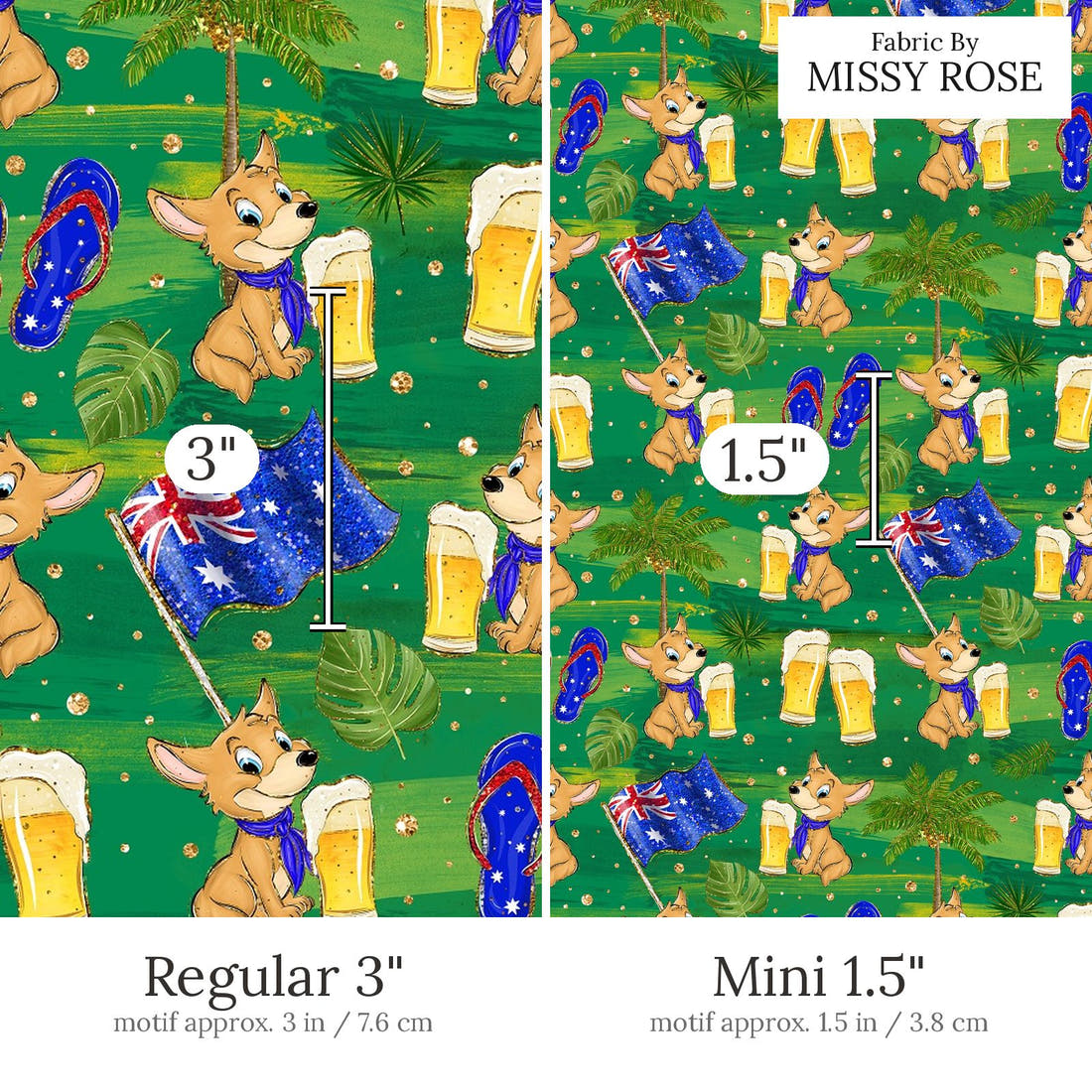Design 475 Dingo Fabric Regular 3 inch vs Mini 1.5 inch print scale side by side | Fabric by Missy Rose