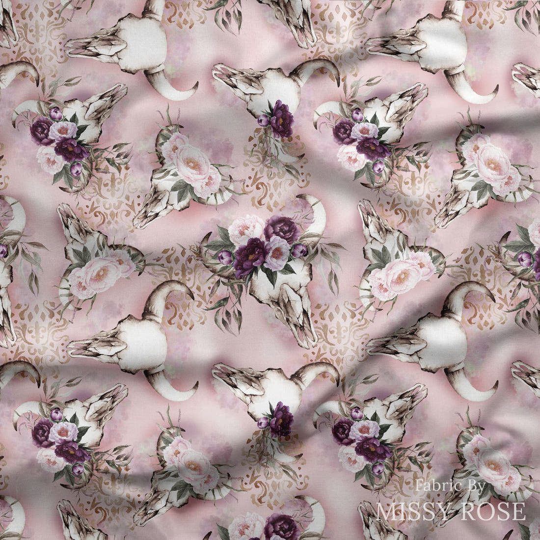 Design 476 Floral Bullskull Fabric draped fabric mockup – custom printed fabric by the metre | Fabric by Missy Rose